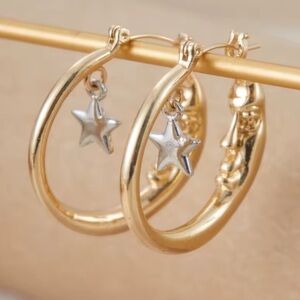 Moon Gold Hoop Earrings with Silver Star Charm